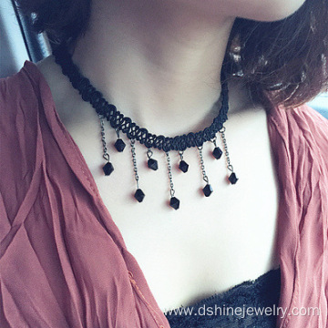 Black String With Crystal Glass Beads Choker Necklace